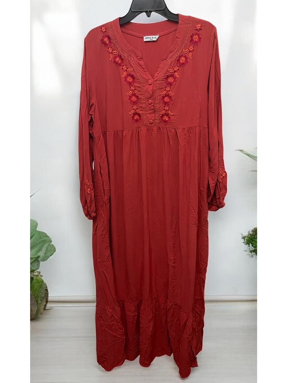 Orange Red Boho Dress Long sleeve Sz 3X Embroidery Indie Cottagecore Afterlook